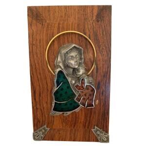 Vintage Virgin Mary and Child Table Top Plaque Metal and Enameled 3 1/8" x 5 1/2